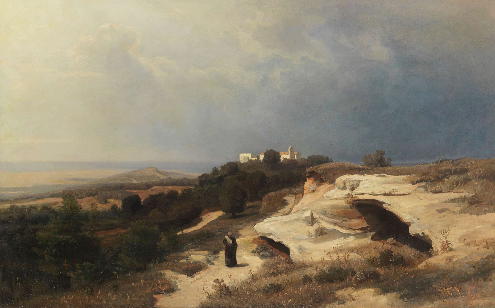 Campagnalandschaft Mit Wanderndem Monch by Oswald Achenbach