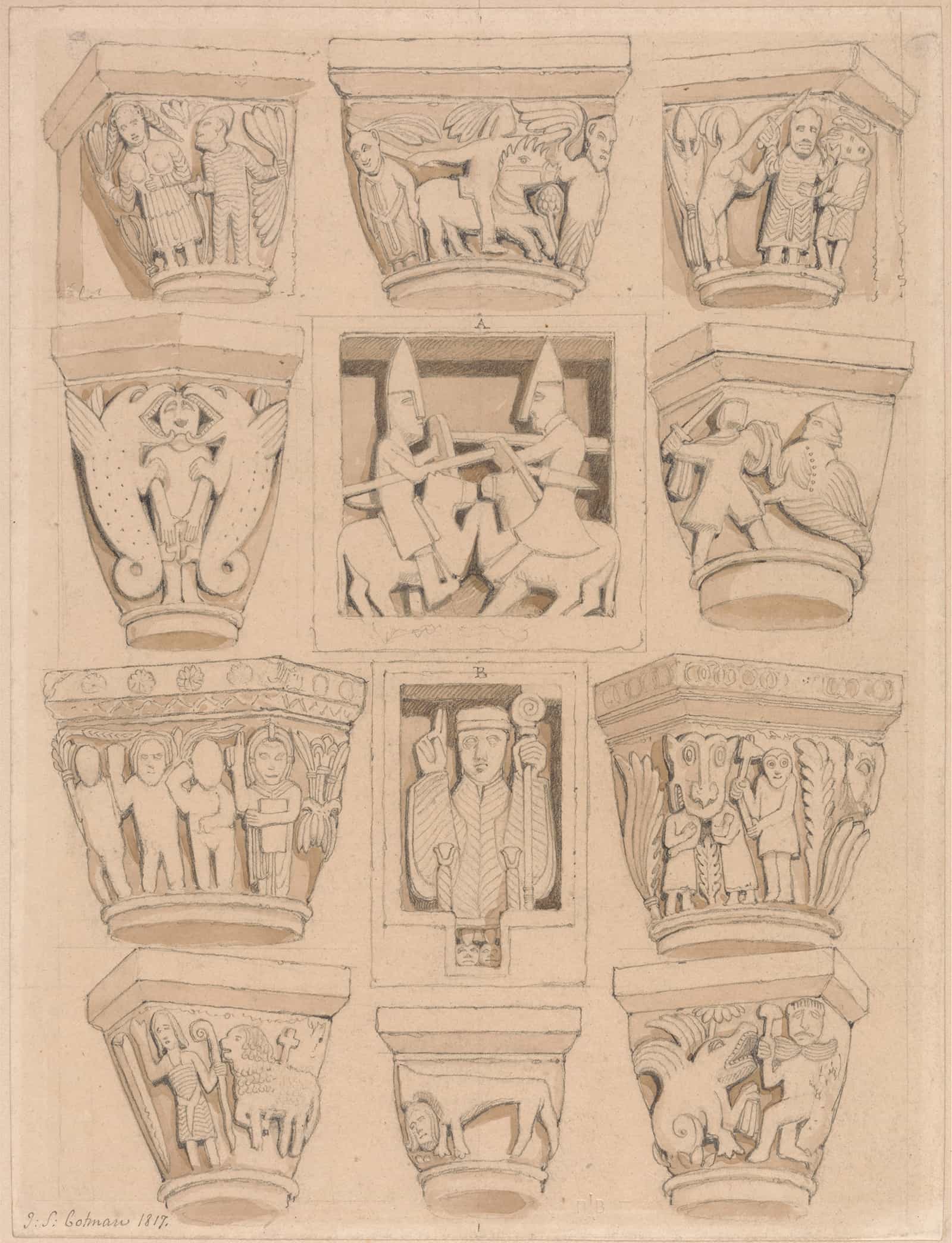 Capitals And A & B Bas Reliefs In The Abbey Church Of Saint Georges De Bocherville Near Rouen Normandy by John Sell Cotman