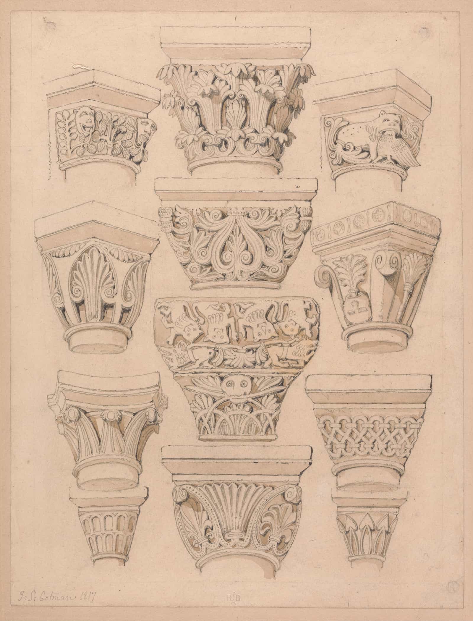 Capitals In The Abbey Church Of St Georges De Bocherville Near Rouen Normandy by John Sell Cotman