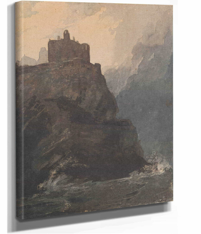 Castle On Cliff With A Stormy Sea And Shipwreck At Base Of Cliff by Thomas Sully