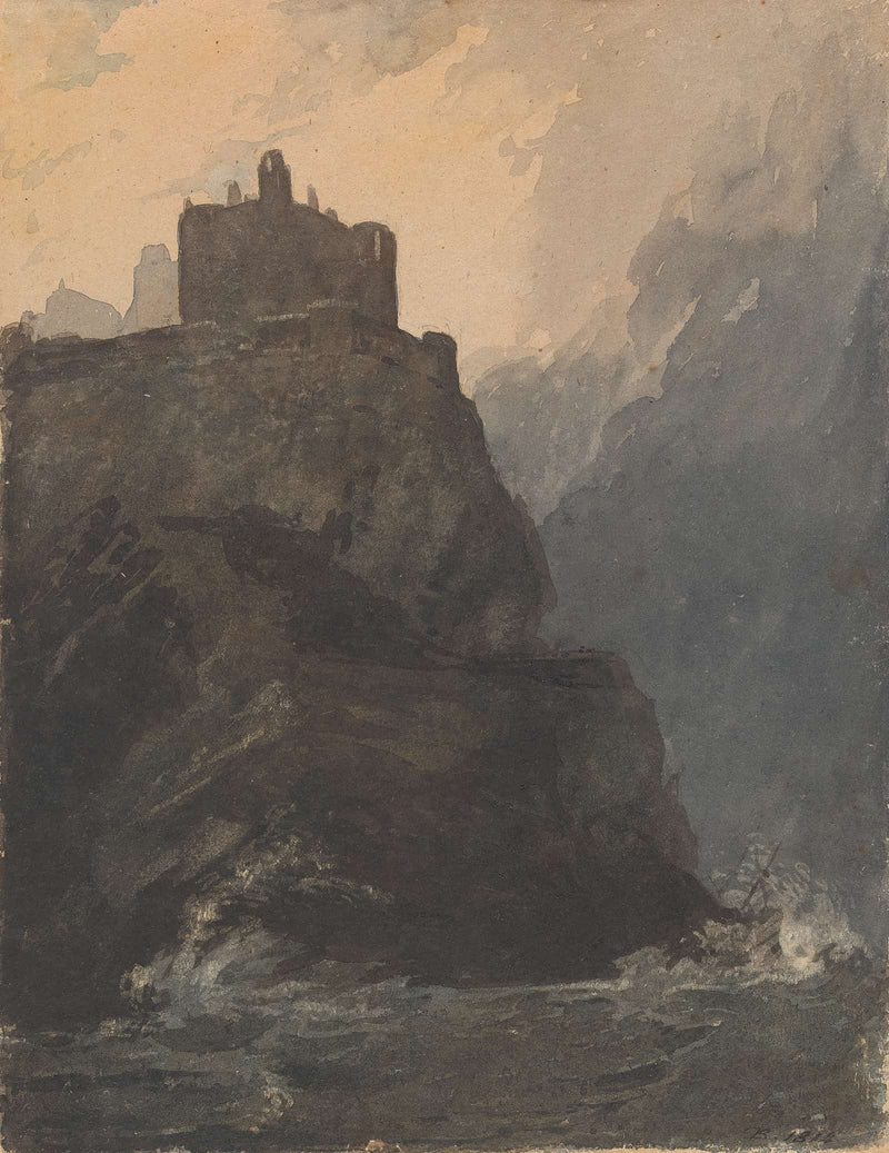 Castle On Cliff With A Stormy Sea And Shipwreck At Base Of Cliff by Thomas Sully