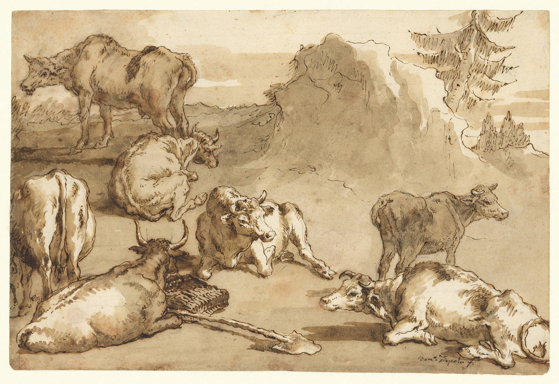 Cattle In A Landscape Mid Th Early Th Century by Giovanni Domenico Tiepolo