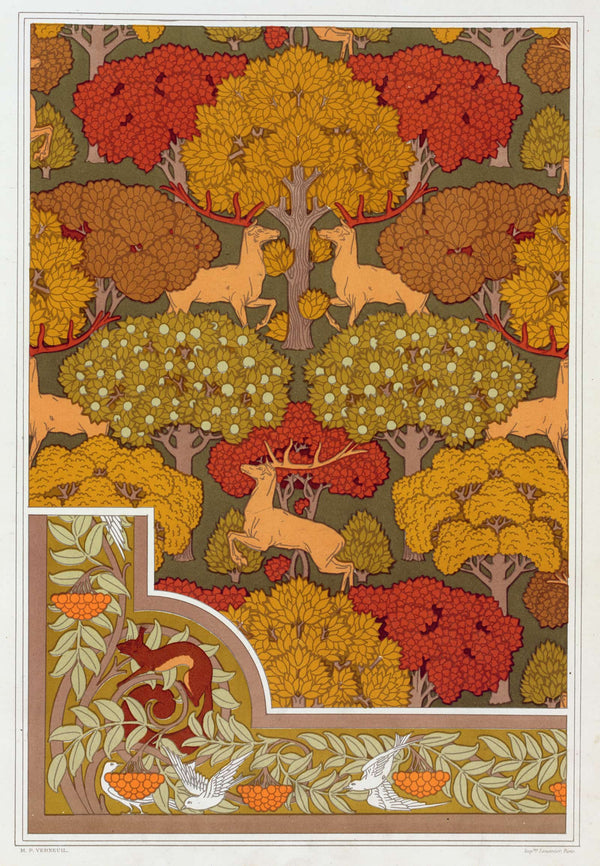 Cerfs Et Arbres Papier Peint Ecureuil Oiseaux Et Sorbier Bordure by Maurice Pillard Verneuil