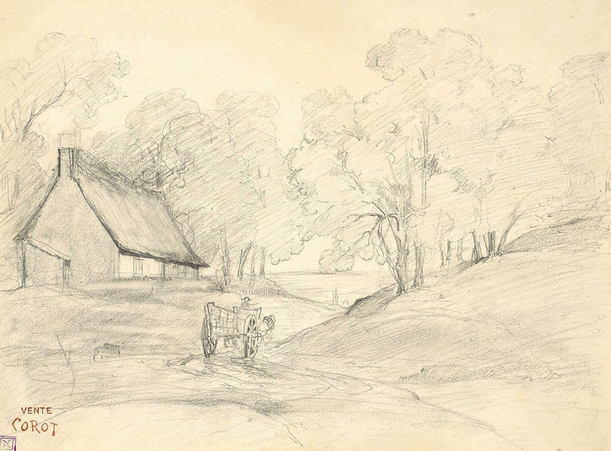 Chaumiere Dans Un Paysage Arbore Avec Un Homme Dans Une Charrette by Jean Baptiste Camille Corot