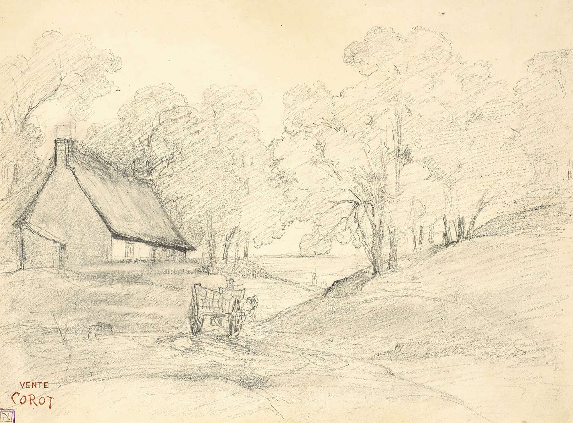 Chaumiere Dans Un Paysage Arbore Avec Un Homme Dans Une Charrette by Jean Baptiste Camille Corot