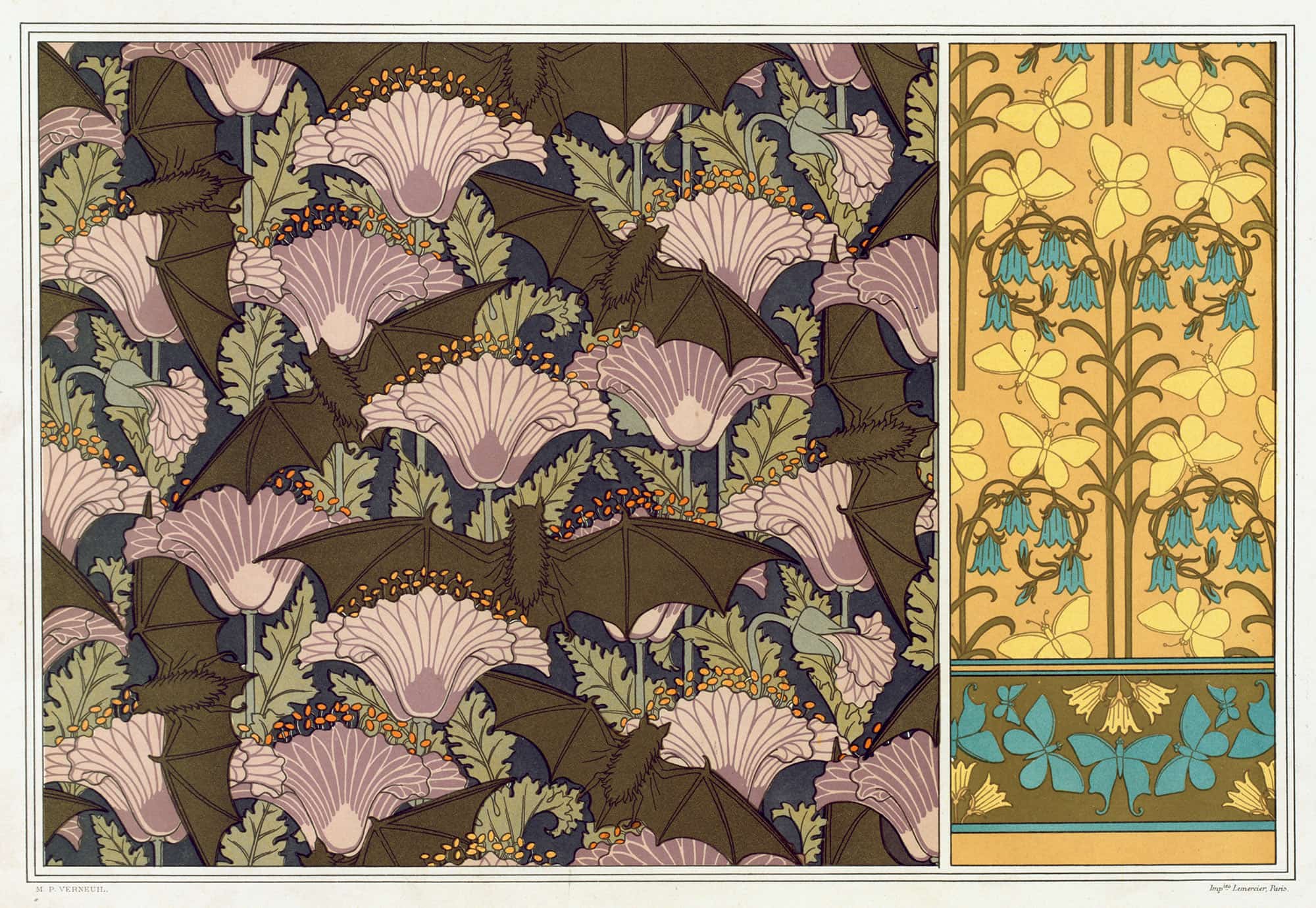 Chauves Souris Et Pavots Tenture Papillons Et Campanules Papier Peint by Maurice Pillard Verneuil