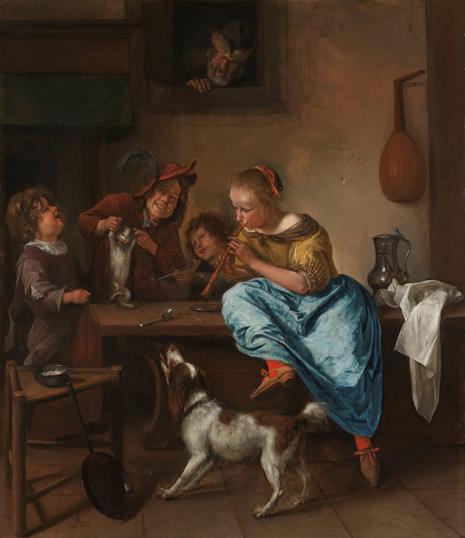 Children Teaching A Cat To Dance Known As The Dancing Lesson  by Jan Steen