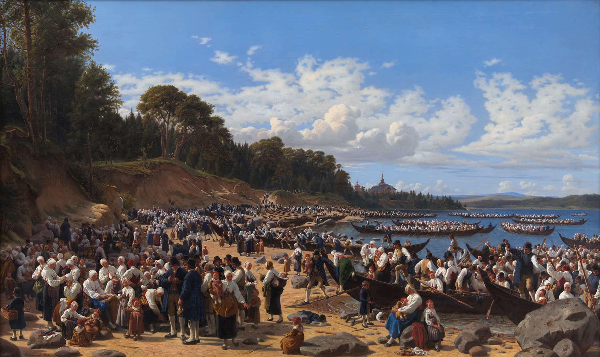 Church Goers Arriving By Boat At The Parish Church Of Leksand On Siljan Lake Sweden by Wilhelm Marstrand