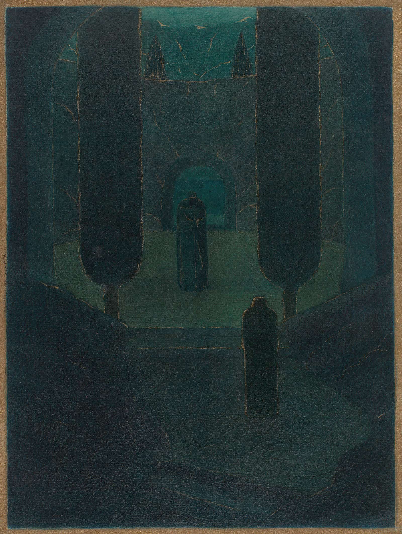 Cloaked Figures In A Dark Garden   by Herbert Crowley