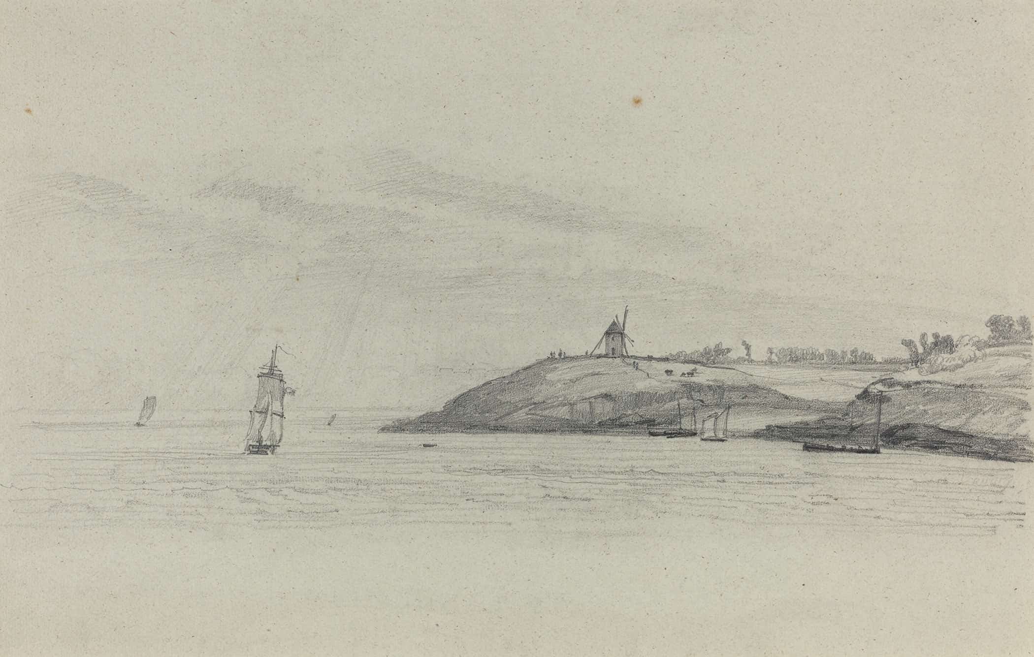 Coastal Landscape With Shipping Windmill In Distance by Eugene Boudin