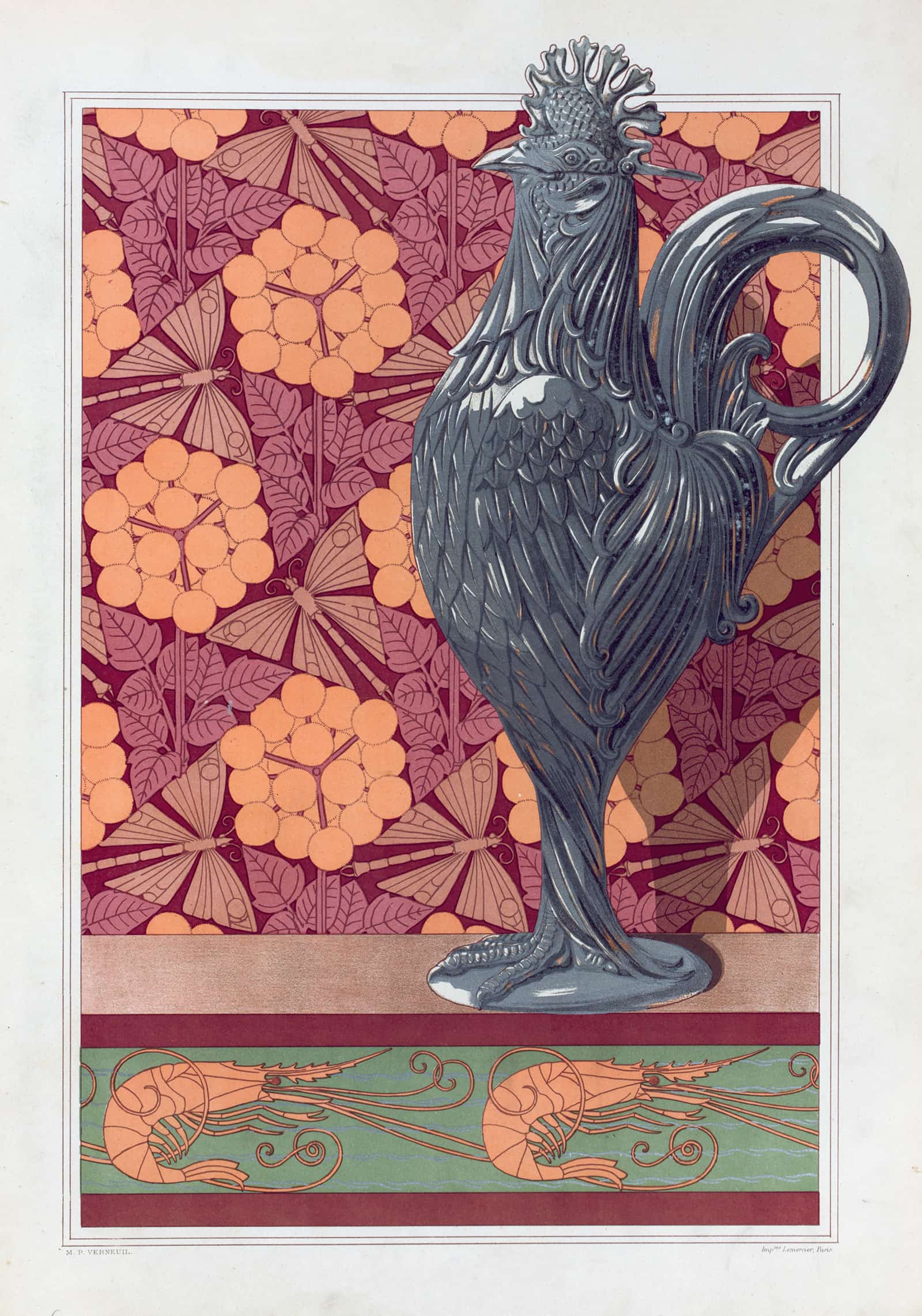 Coq Vase Argent Cisele Ombelles Et Libellules Jeu De Fond Crevettes Bordure by Maurice Pillard Verneuil
