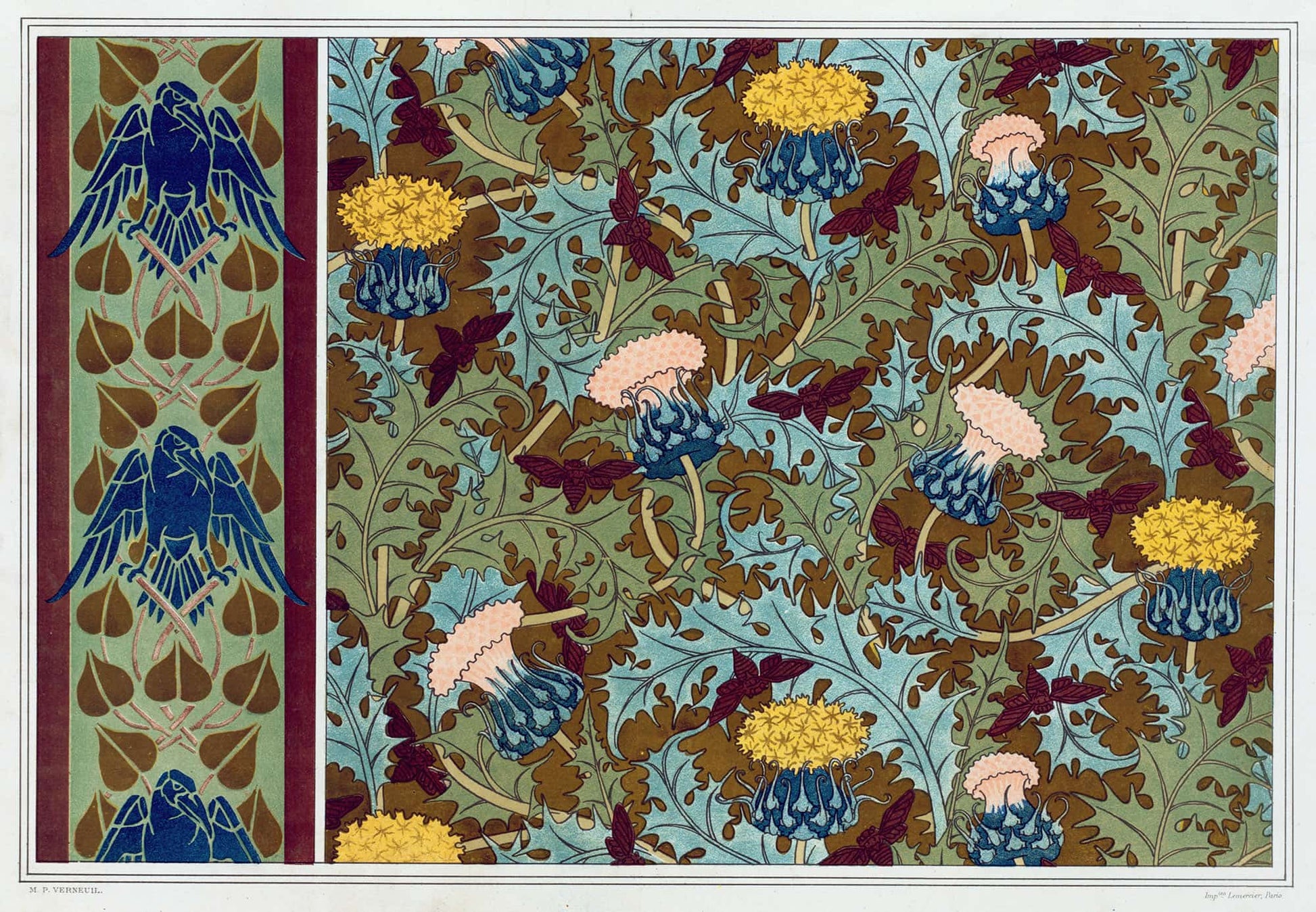 Corbeaux Bordure Au Pochoir Cigales Et Chardons Etoffe Imprimee by Maurice Pillard Verneuil