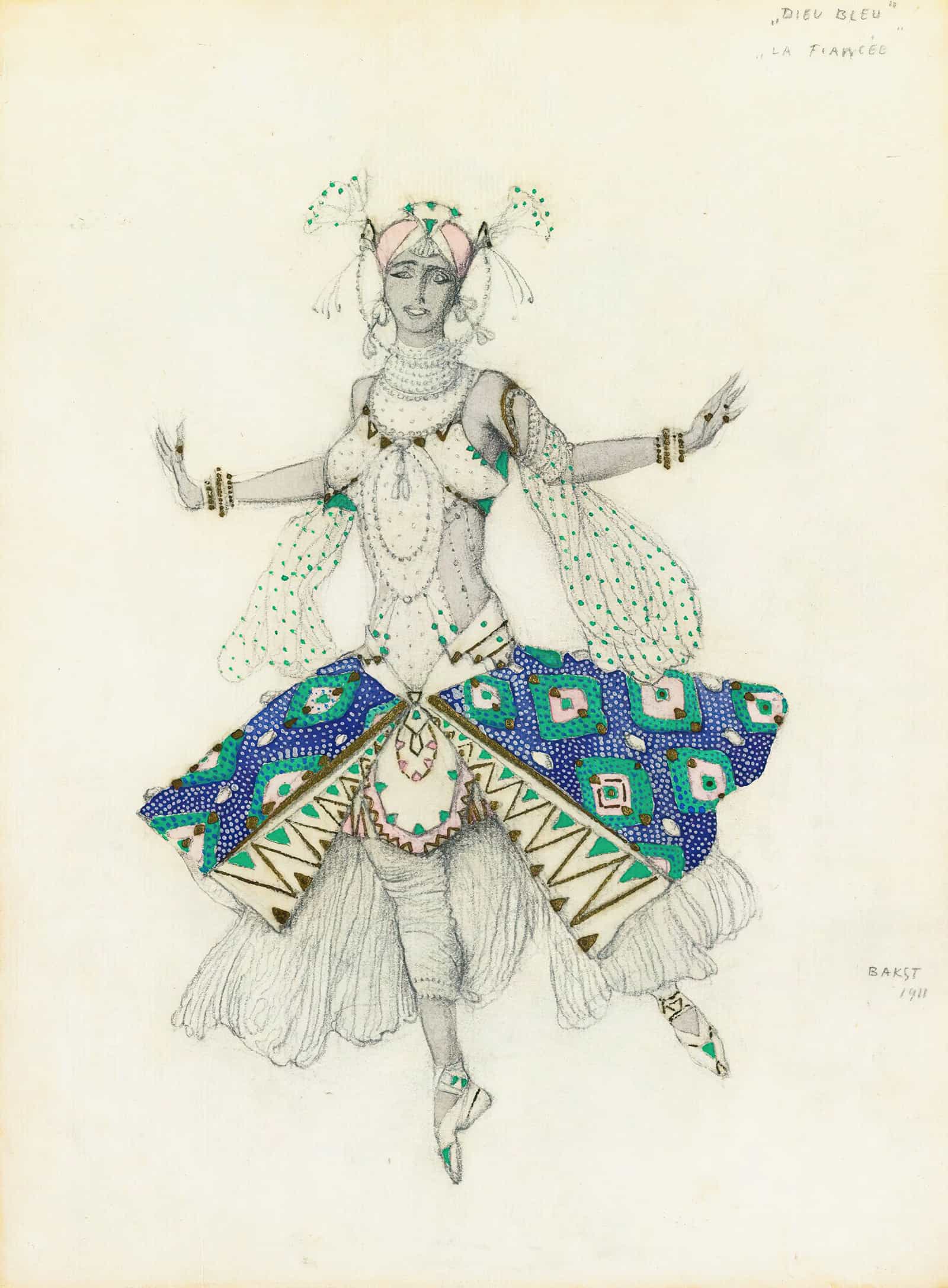 Costume Design For Tamara Karsavina As La Fiancee In Le Dieu Bleu by Leon Bakst