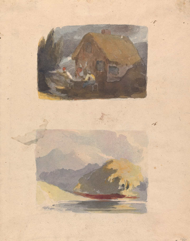 Cottage With Figures In Front No Landscape With River And Mountains Sunshine No by Thomas Sully