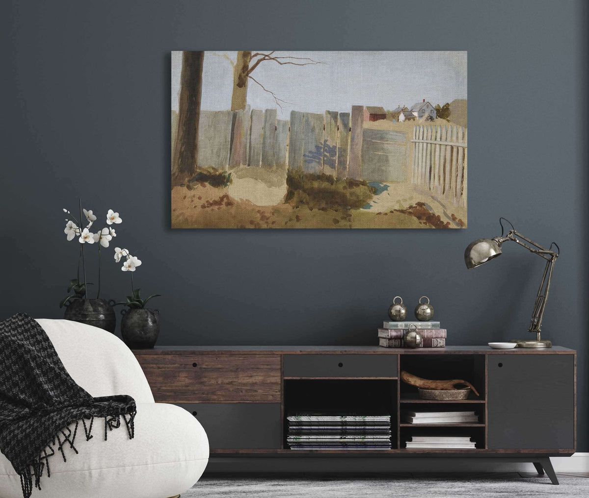 Country Scene Fence Field Farmhouse In Distance by Edwin Austin Abbey