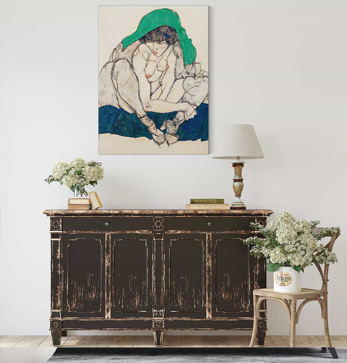 Crouching Woman With Green Headscarf by Egon Schiele