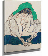 Crouching Woman With Green Headscarf by Egon Schiele