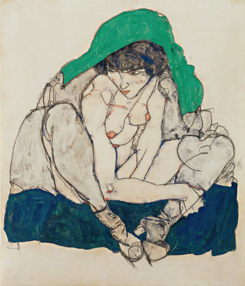 Crouching Woman With Green Headscarf by Egon Schiele