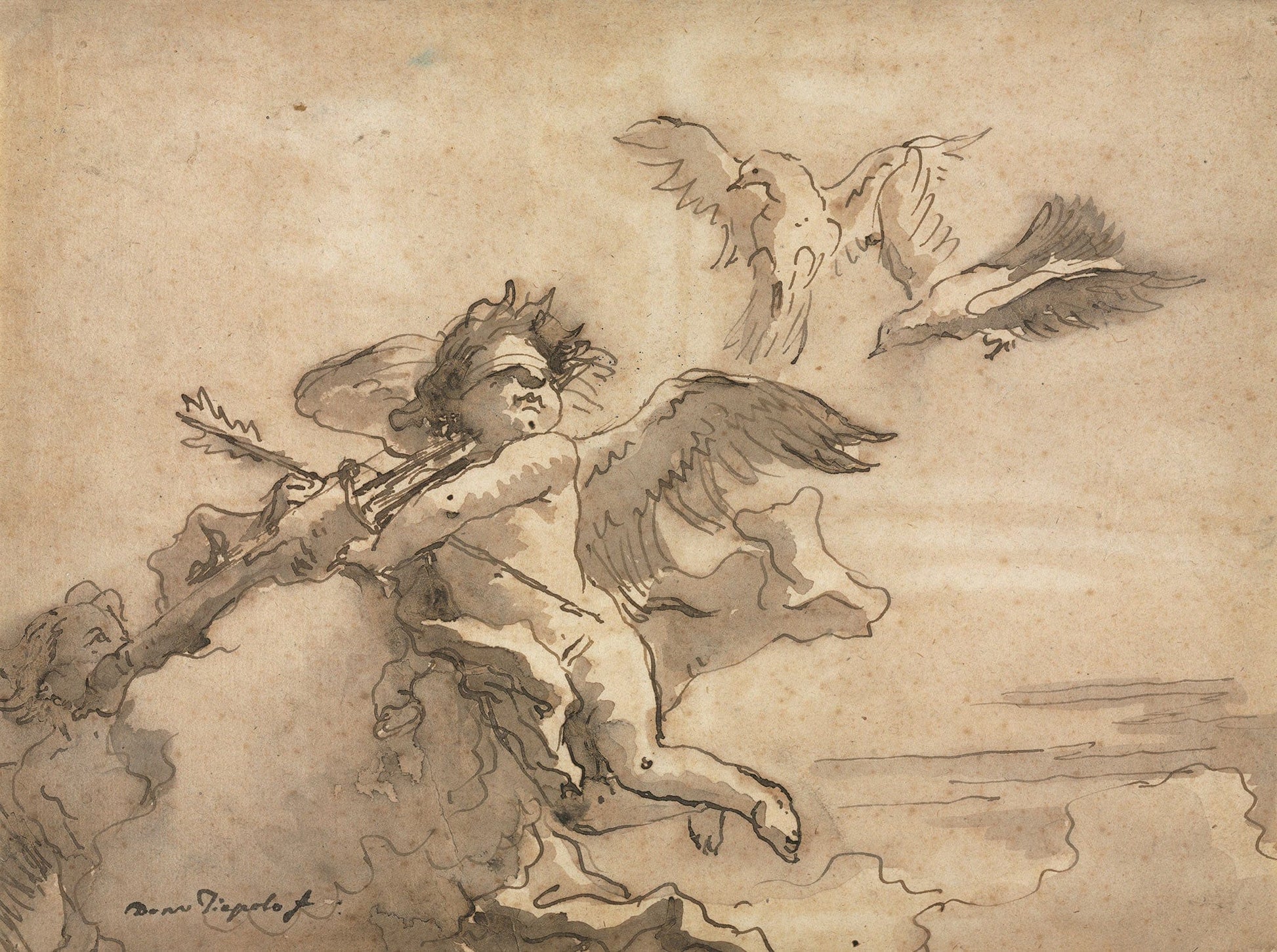 Cupid Blindfolded And Two Doves Or After by Giovanni Domenico Tiepolo
