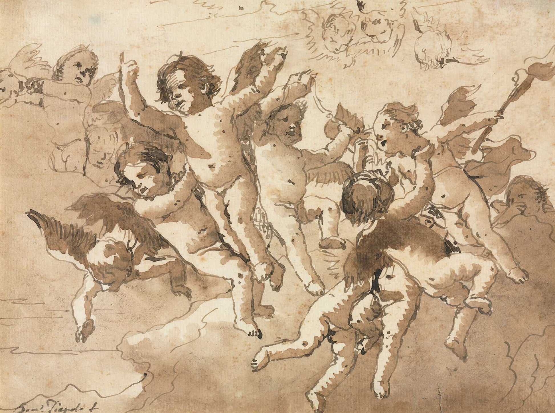 Cupid In The Clouds With Attendant Cherubs Or After by Giovanni Domenico Tiepolo