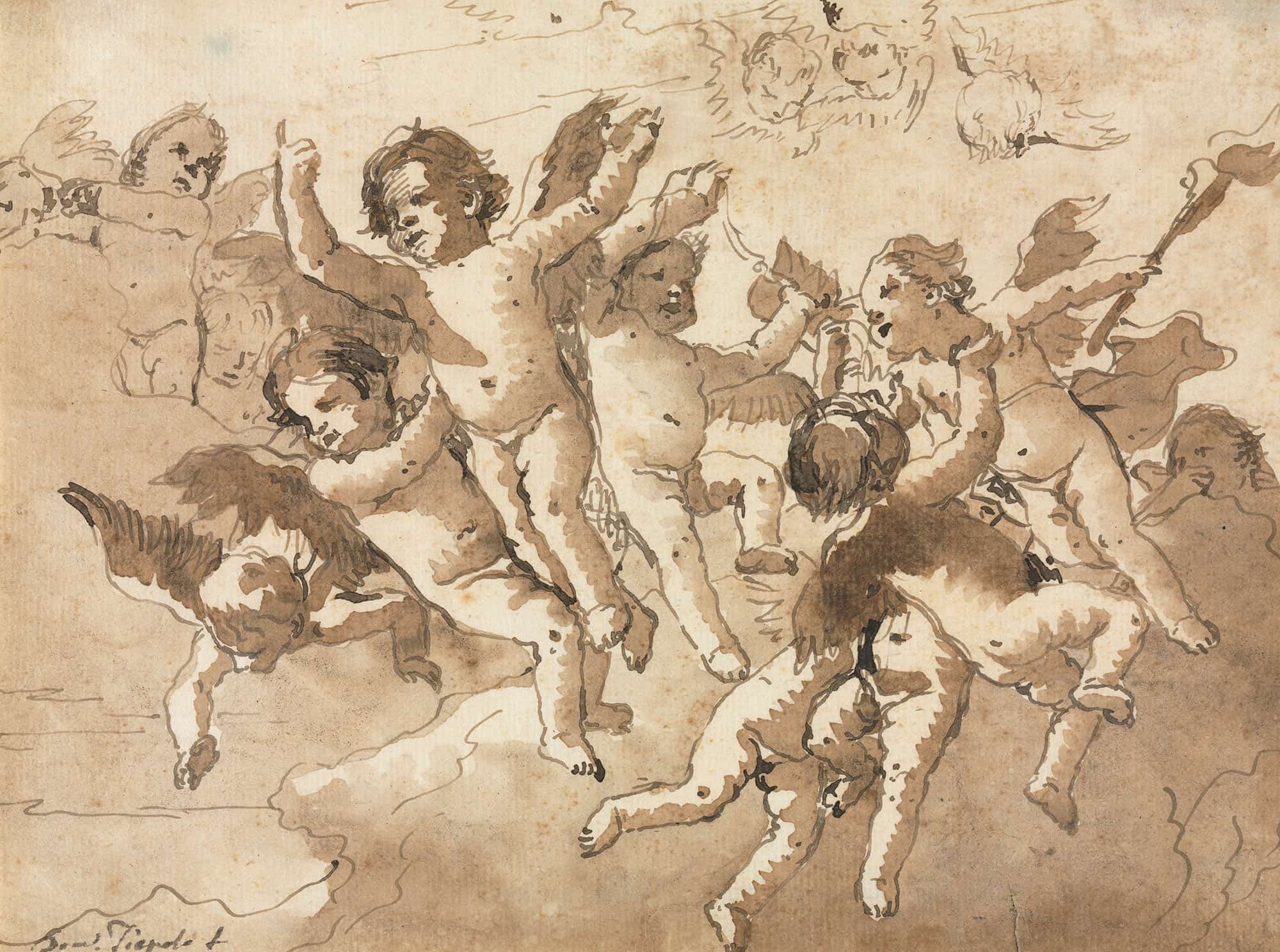 Cupid In The Clouds With Attendant Cherubs Or After by Giovanni Domenico Tiepolo