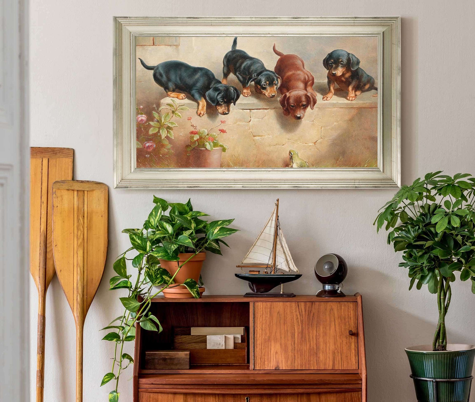 Curious Dachshund Puppies And A Frog by Carl Reichert