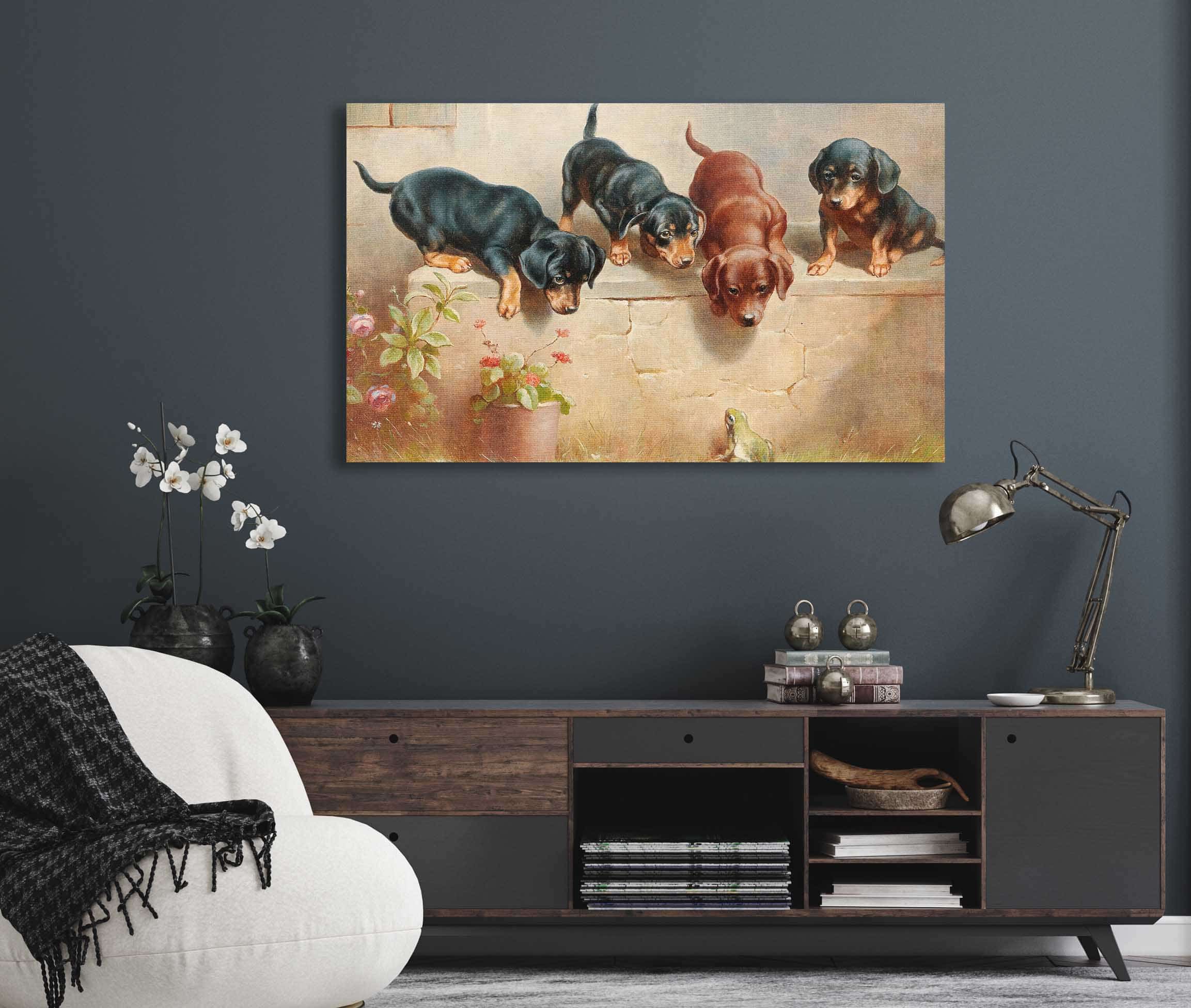 Curious Dachshund Puppies And A Frog by Carl Reichert