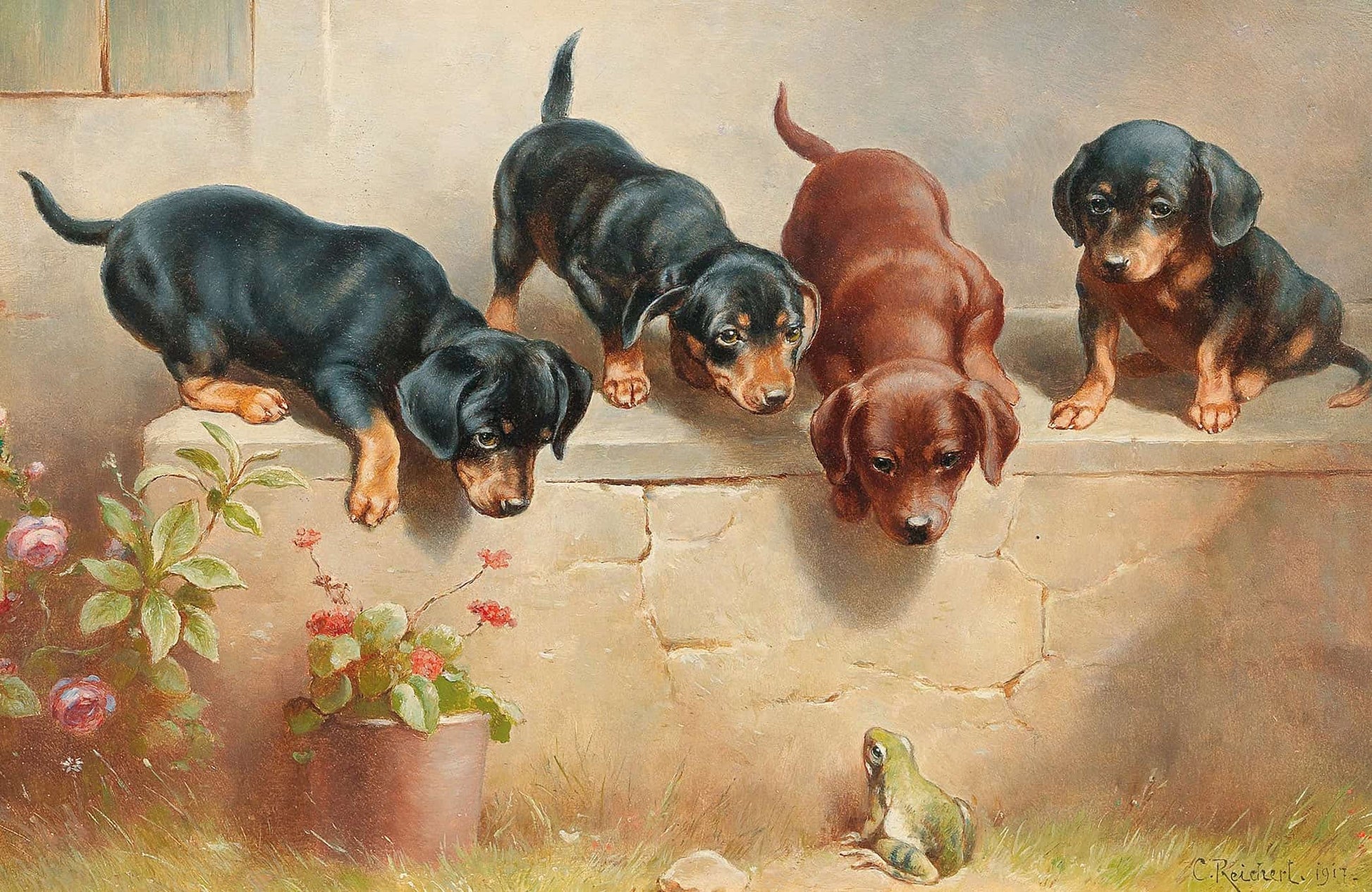 Curious Dachshund Puppies And A Frog by Carl Reichert