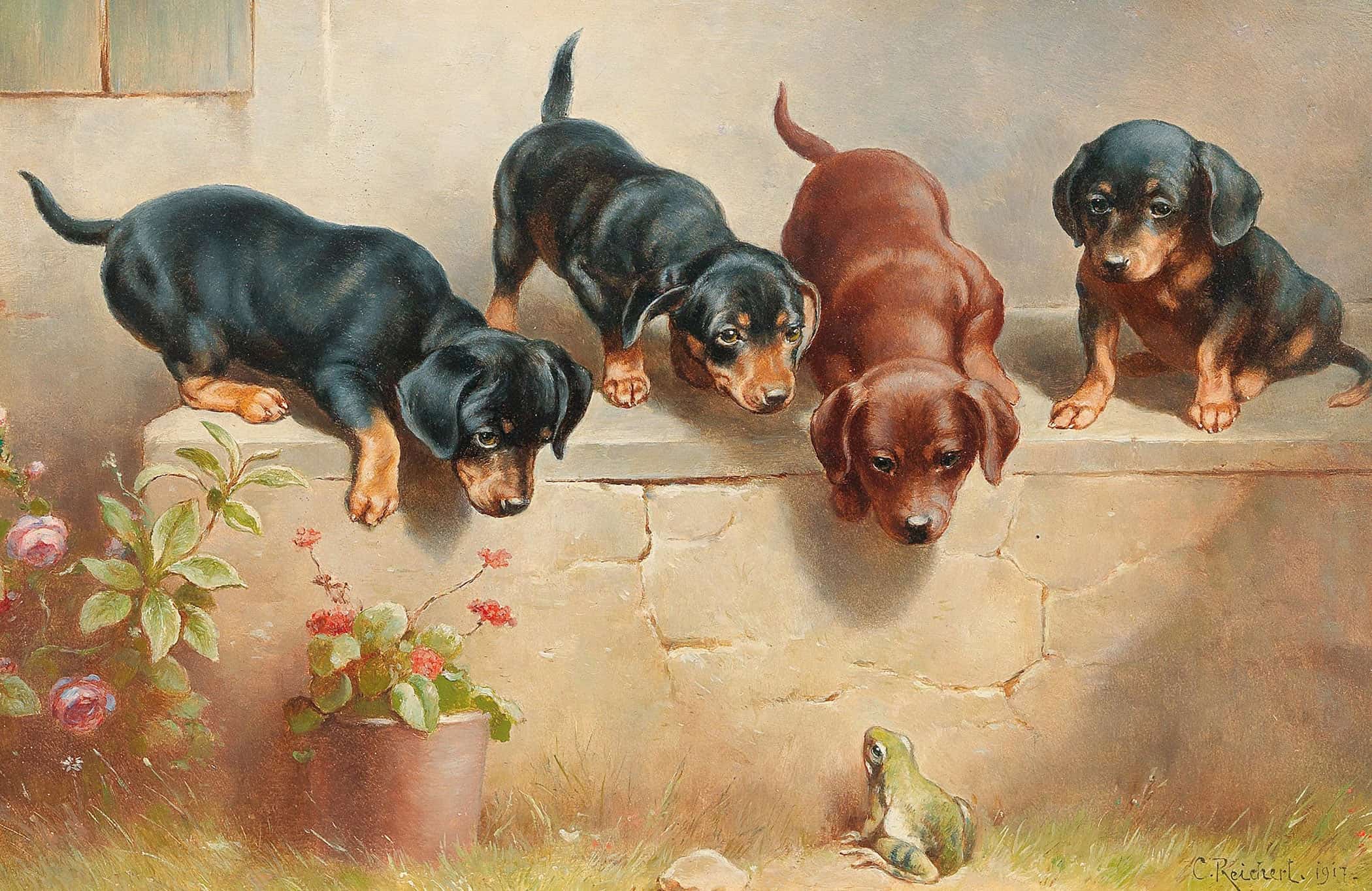 Curious Dachshund Puppies And A Frog by Carl Reichert