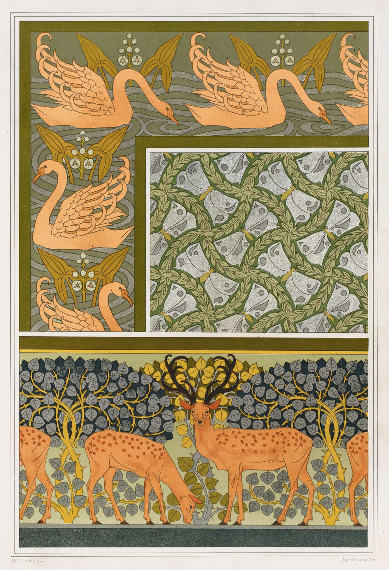 Cygnes Et Sagittaire Bordure Pappillons Et Feuillages Etoffe Cerfs Et Biches Frise by Maurice Pillard Verneuil