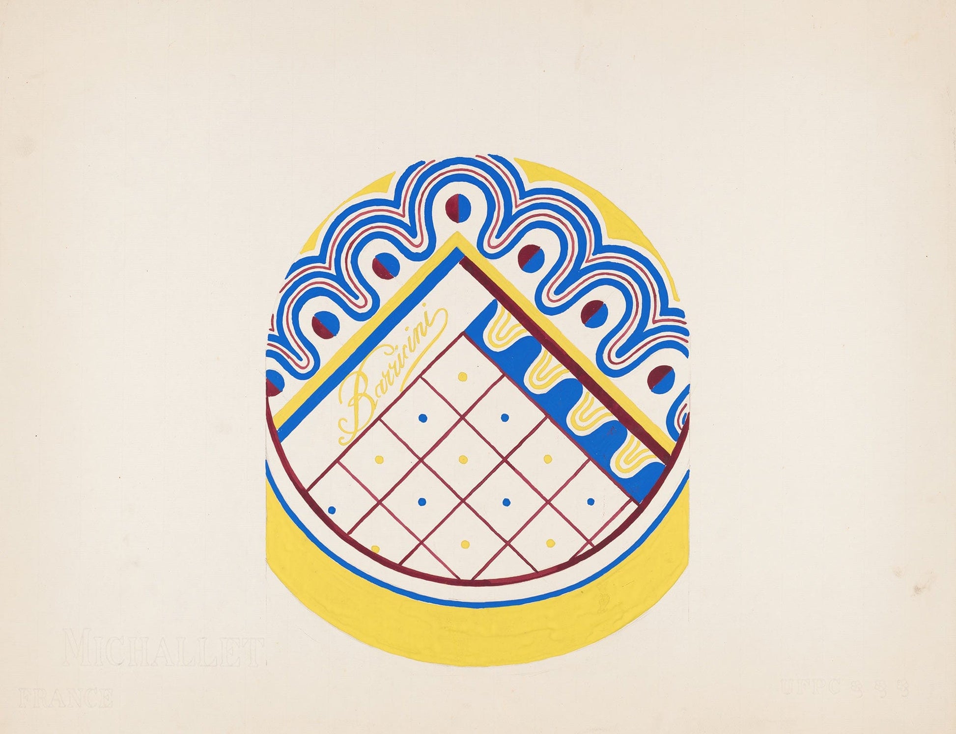 D Study For Circular Box With Grid And Dotted Wavy Border In Blue Red And Green by Winold Reiss