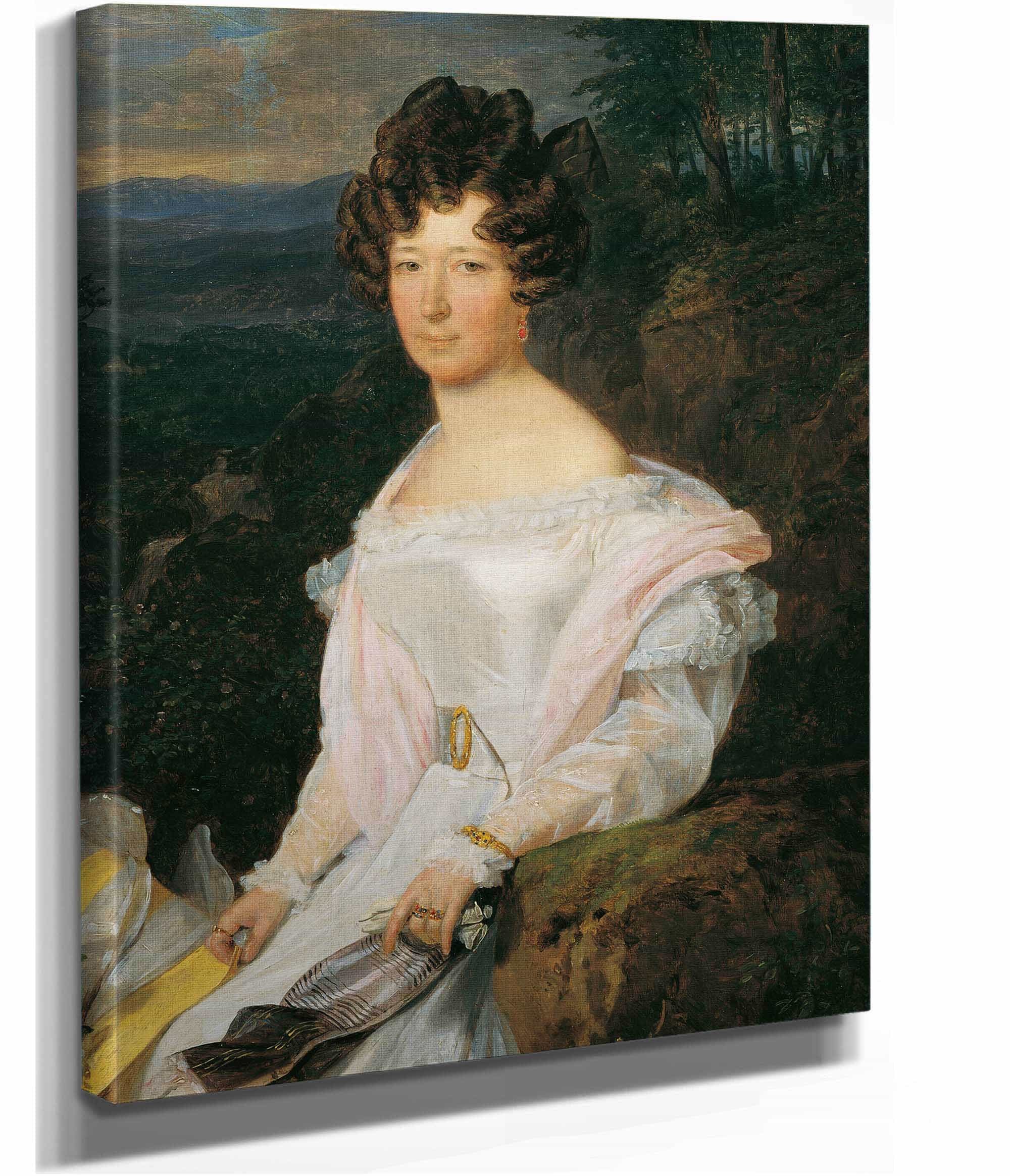 Dame In Weibem Kleid Vor Einer Wienerwaldlandschaft by Ferdinand Georg Waldmuller