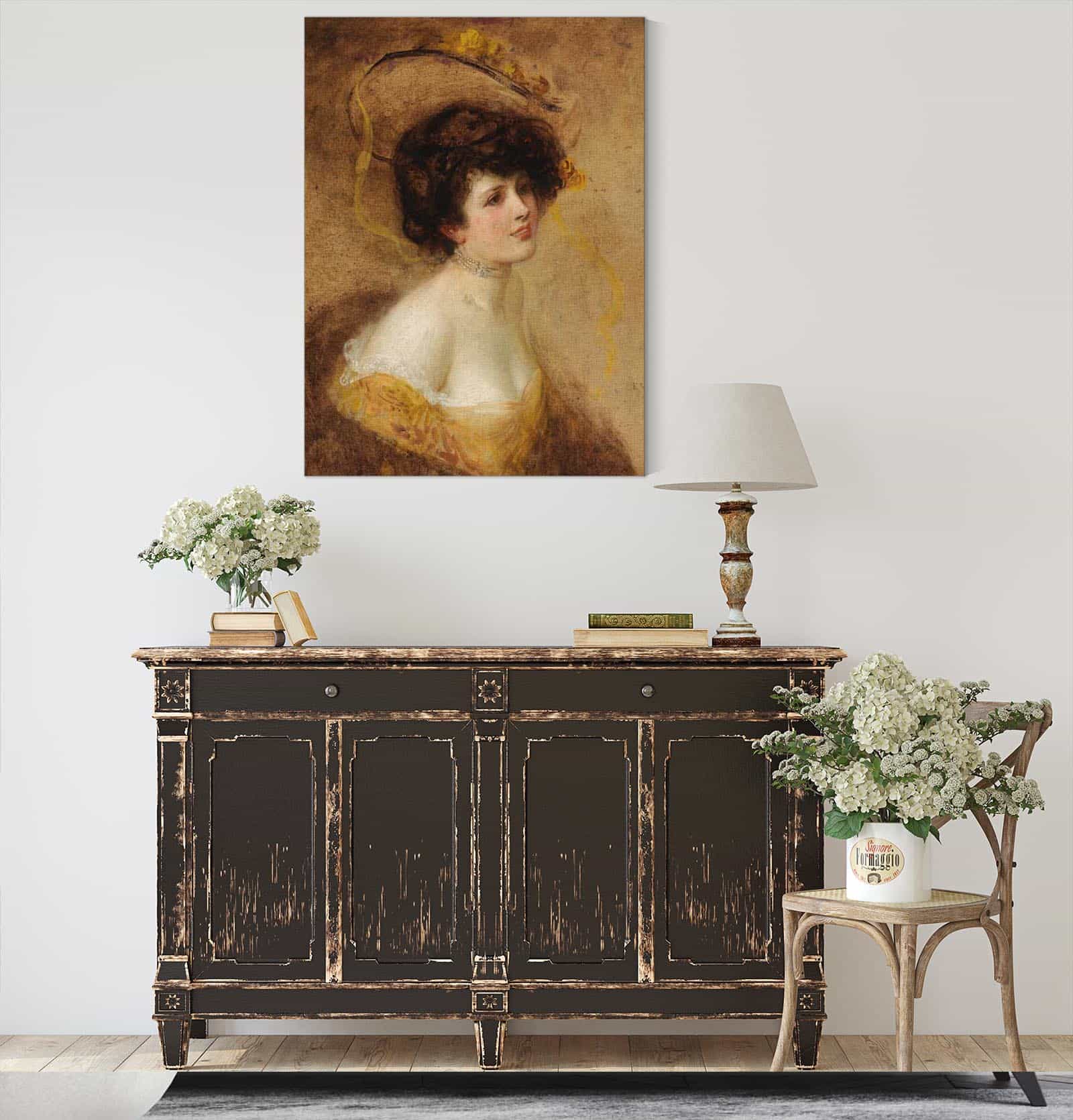 Dame Mit Hut In Gelbem Kleid by Eduard Veith