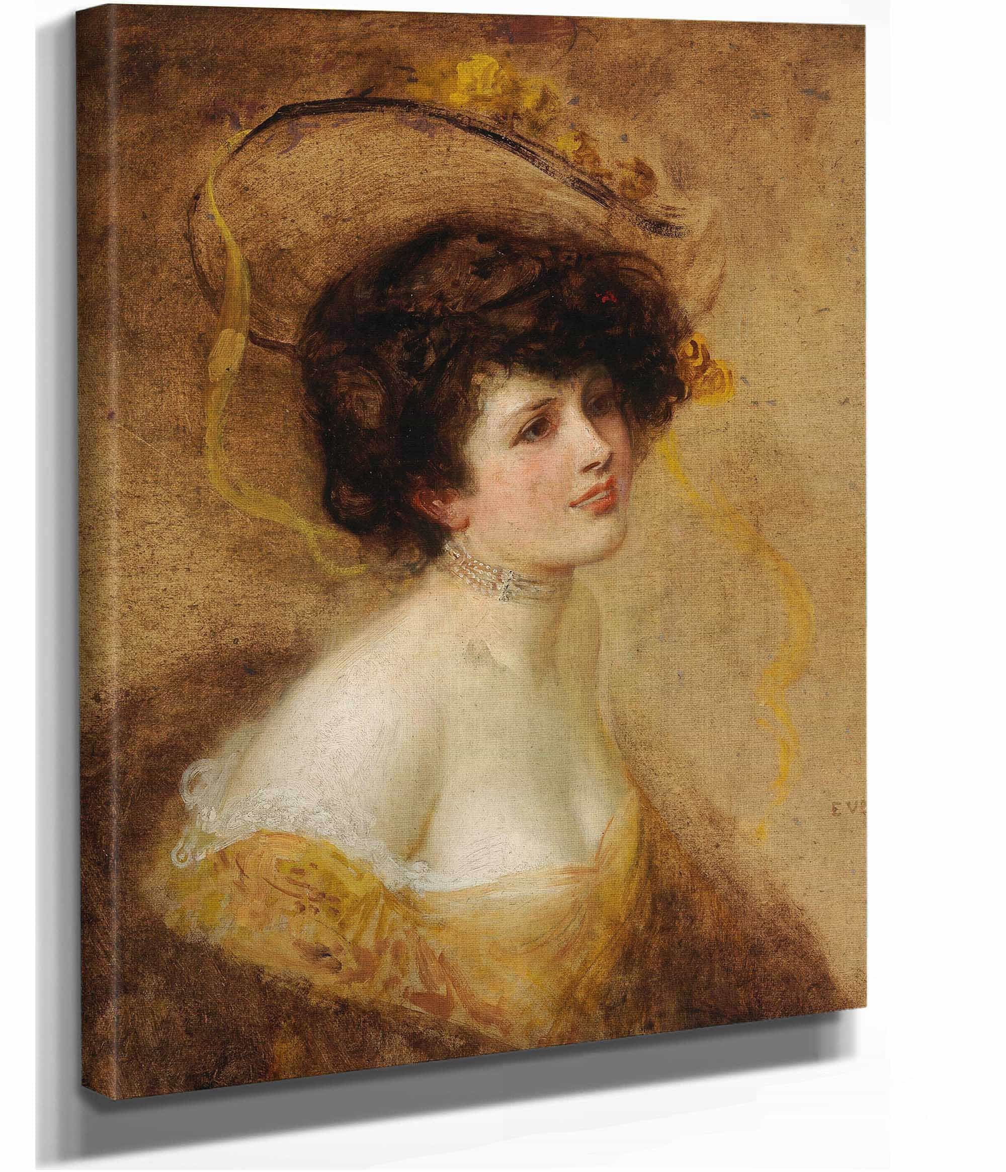 Dame Mit Hut In Gelbem Kleid by Eduard Veith