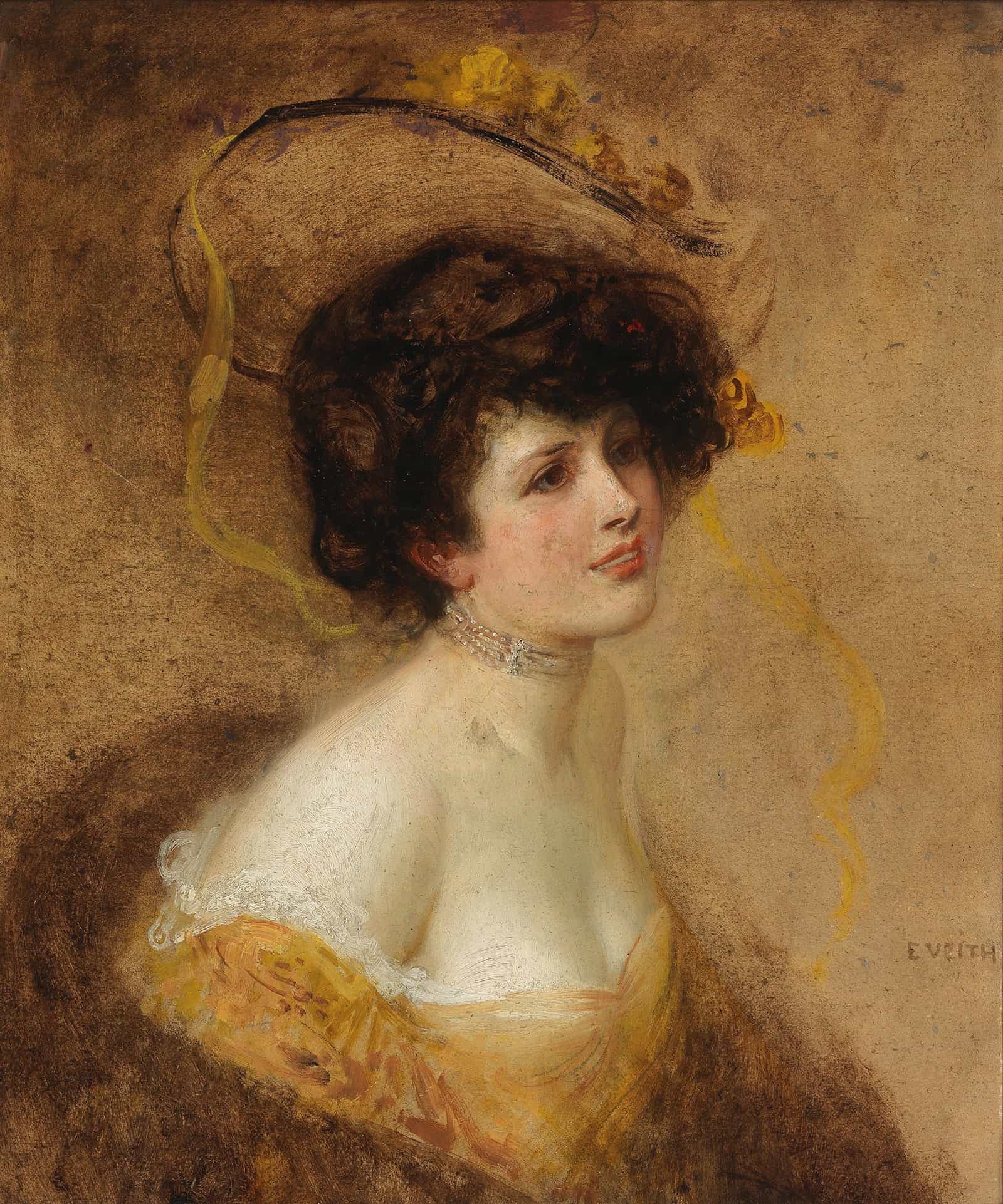 Dame Mit Hut In Gelbem Kleid by Eduard Veith
