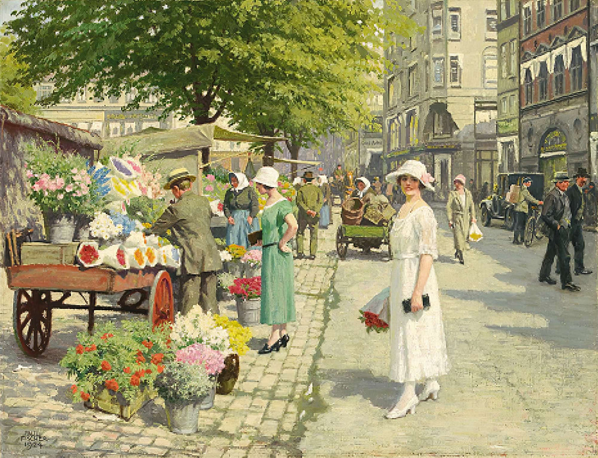 Damer Der Kober Blomster Pa Amagertorv by Paul Fischer
