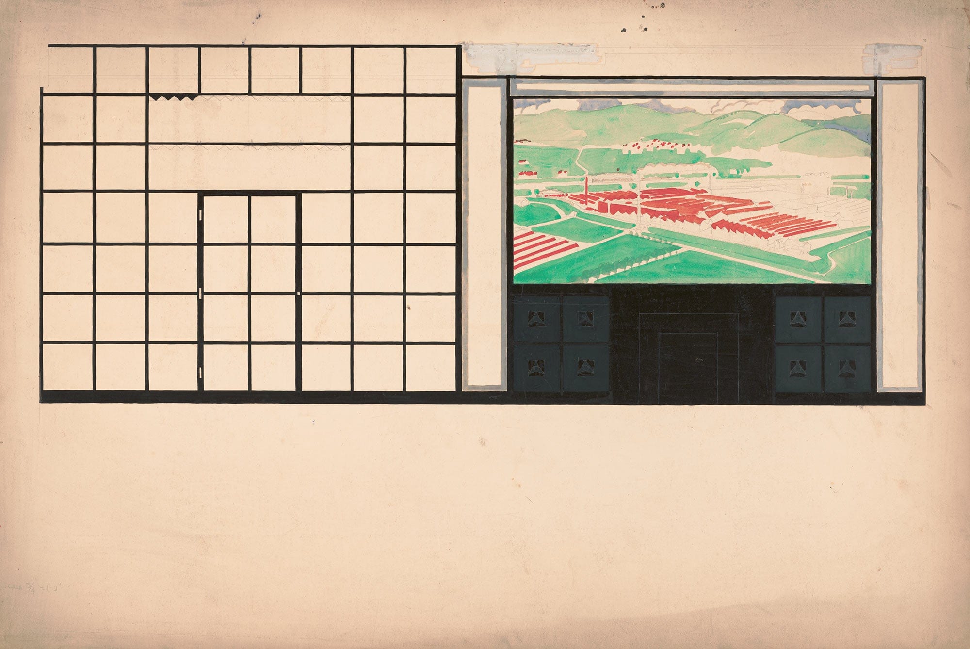 Design Drawings For Mercedes Motors Showroom Study Of Interior Elevation With Mural by Winold Reiss