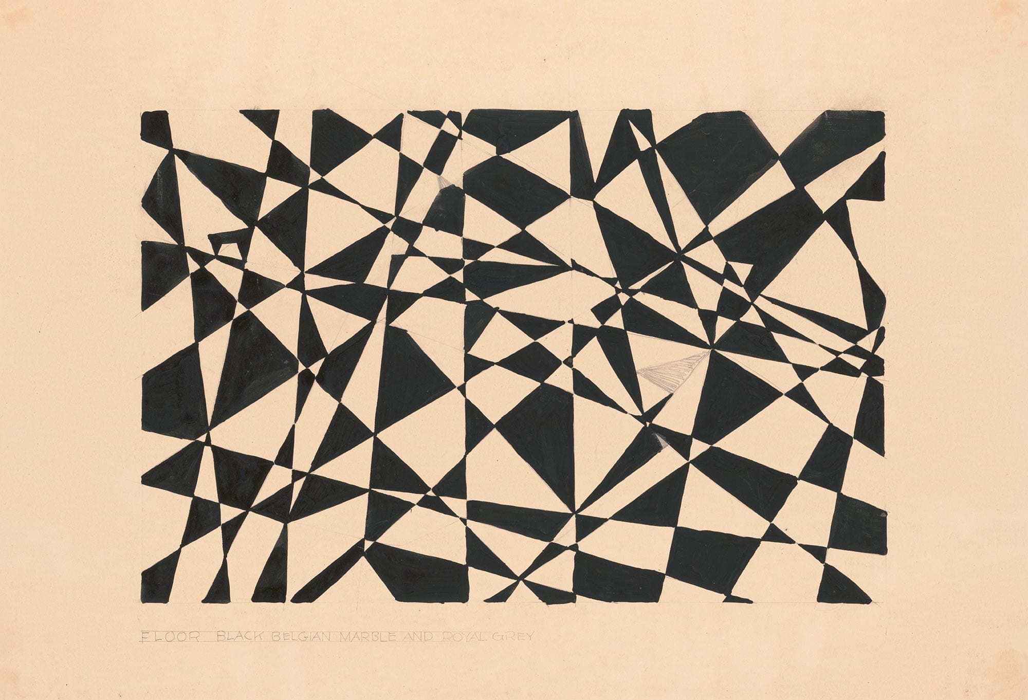 Design For Unidentified Floor Black Belgian Marble And Royal Grey Drawing With Abstract Pattern by Winold Reiss