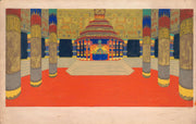 Design For Unidentified Interior Drawing Of Columned Hall With Altar On A Stepped Plinth And Decorative Frieze Featuring Elephants by Winold Reiss