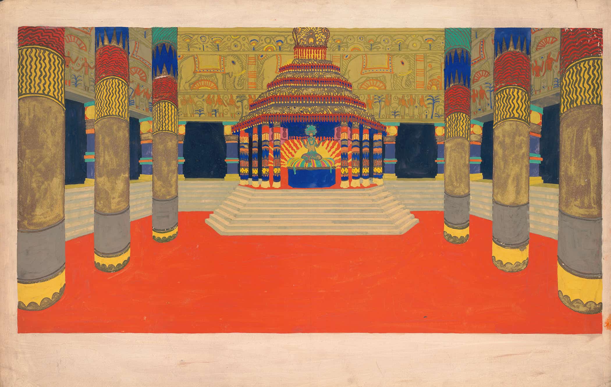Design For Unidentified Interior Drawing Of Columned Hall With Altar On A Stepped Plinth And Decorative Frieze Featuring Elephants by Winold Reiss
