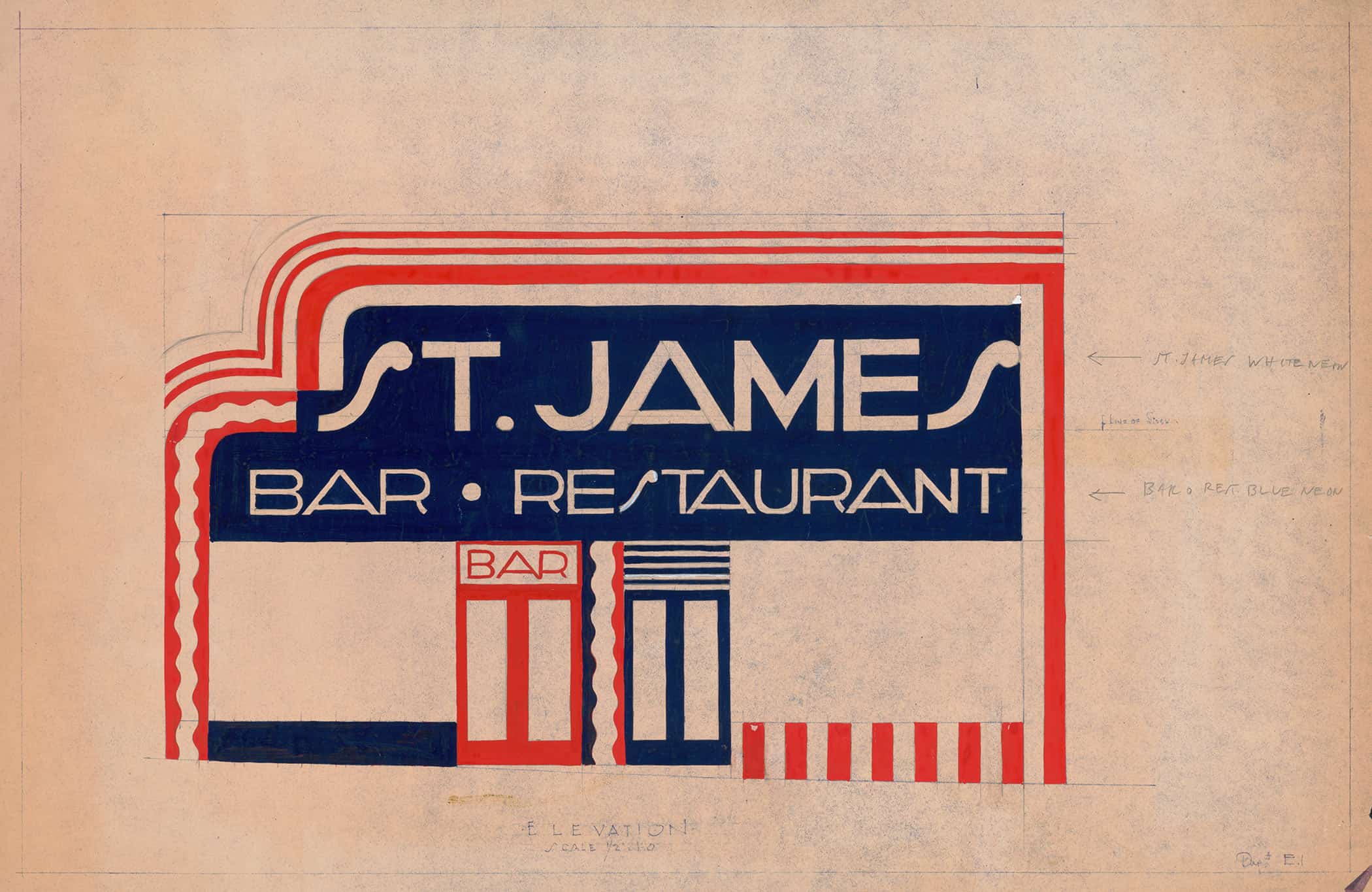 Designs And Photographs For Alterations To St James Bar Restaurant W St St And Broadway New York Ny Study Of Exterior Elevation by Winold Reiss