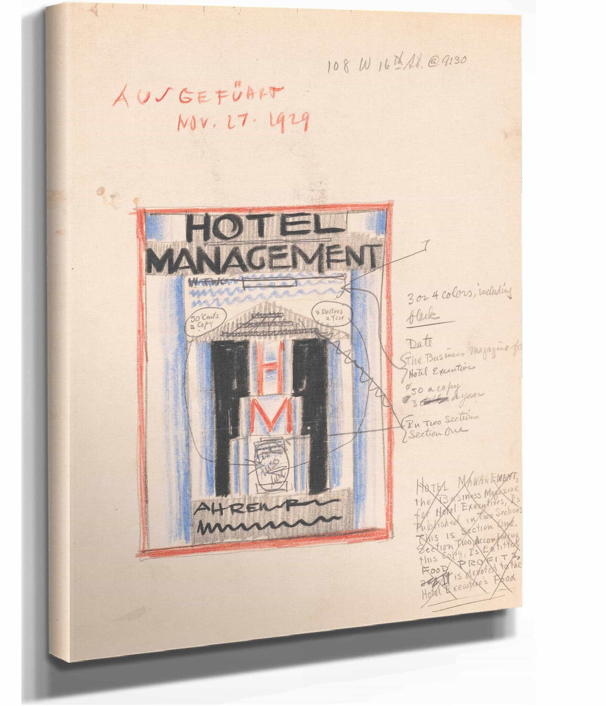 Designs For Cover Of Hotel Management Magazine by Winold Reiss
