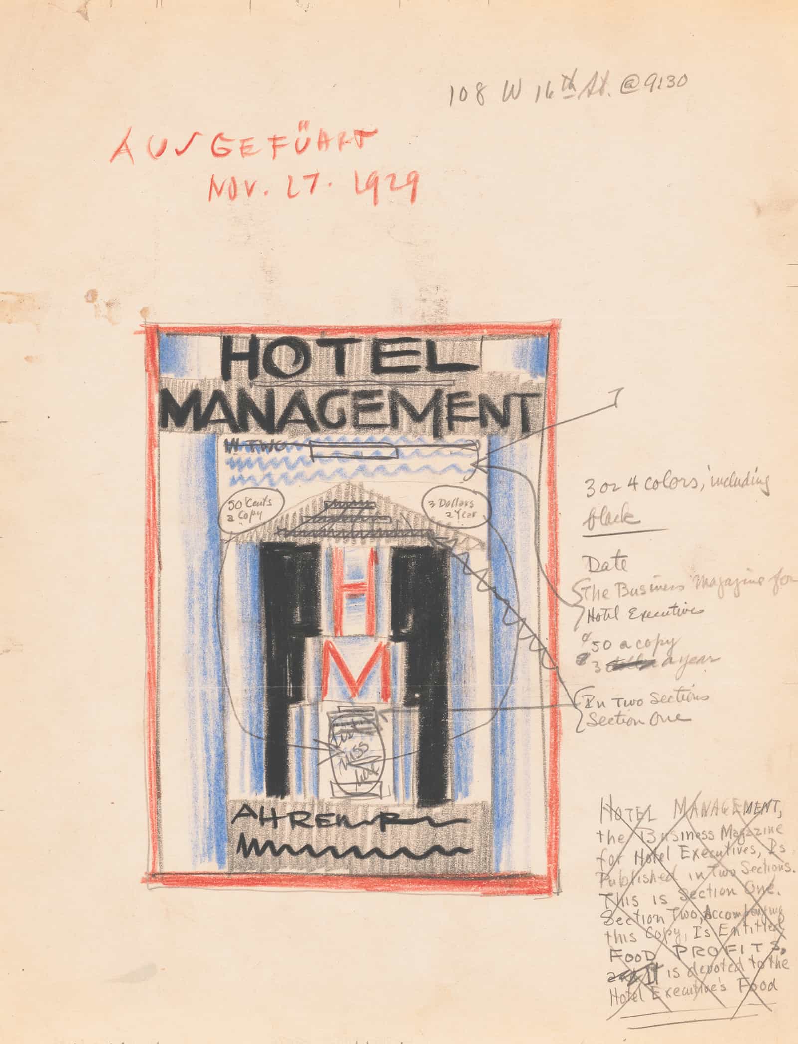 Designs For Cover Of Hotel Management Magazine by Winold Reiss
