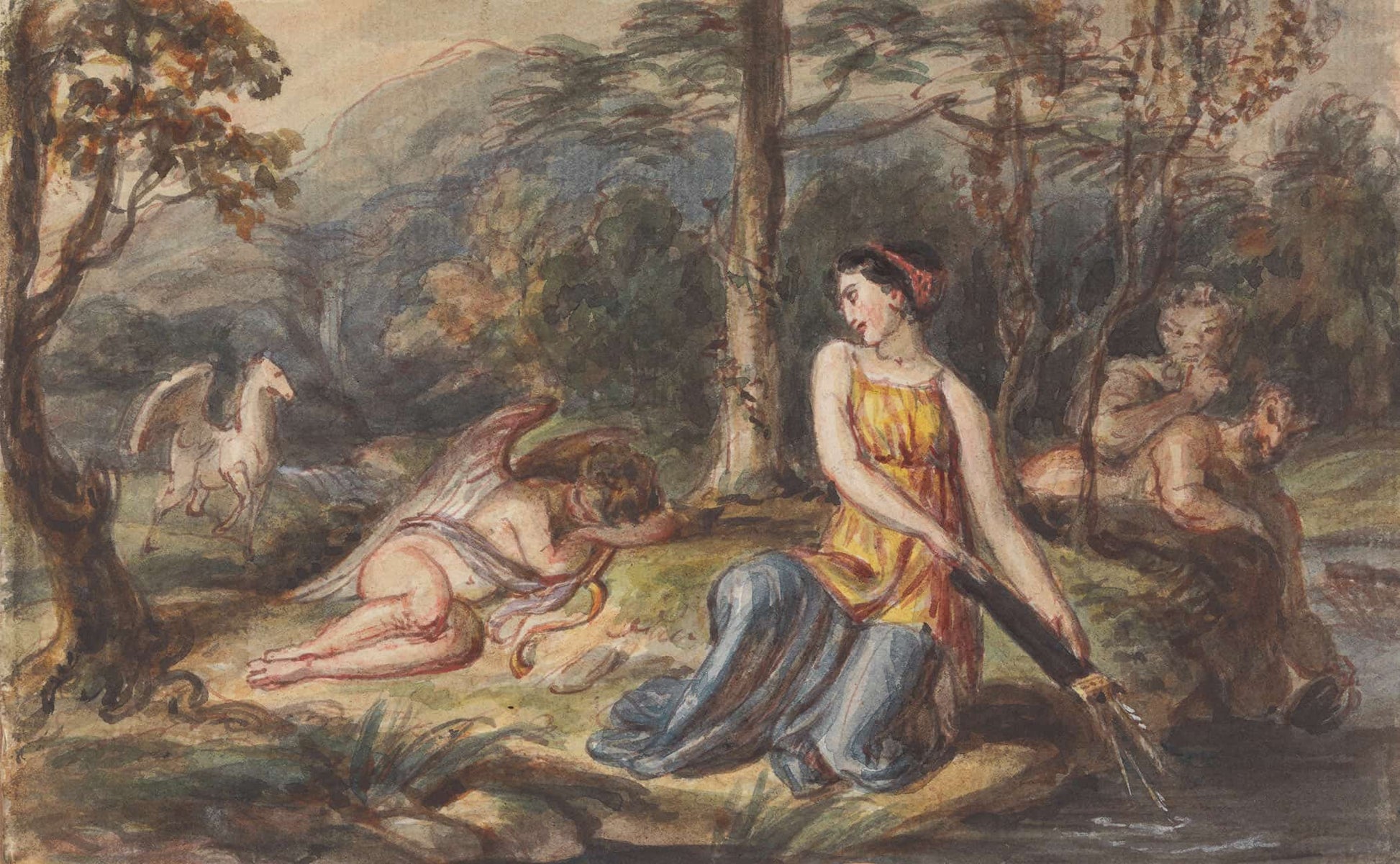 Diana Goddess Of The Hunt With Satyrs Sleeping Cupid And A Pegasus In A Wooded Landscape by Robert Smirke
