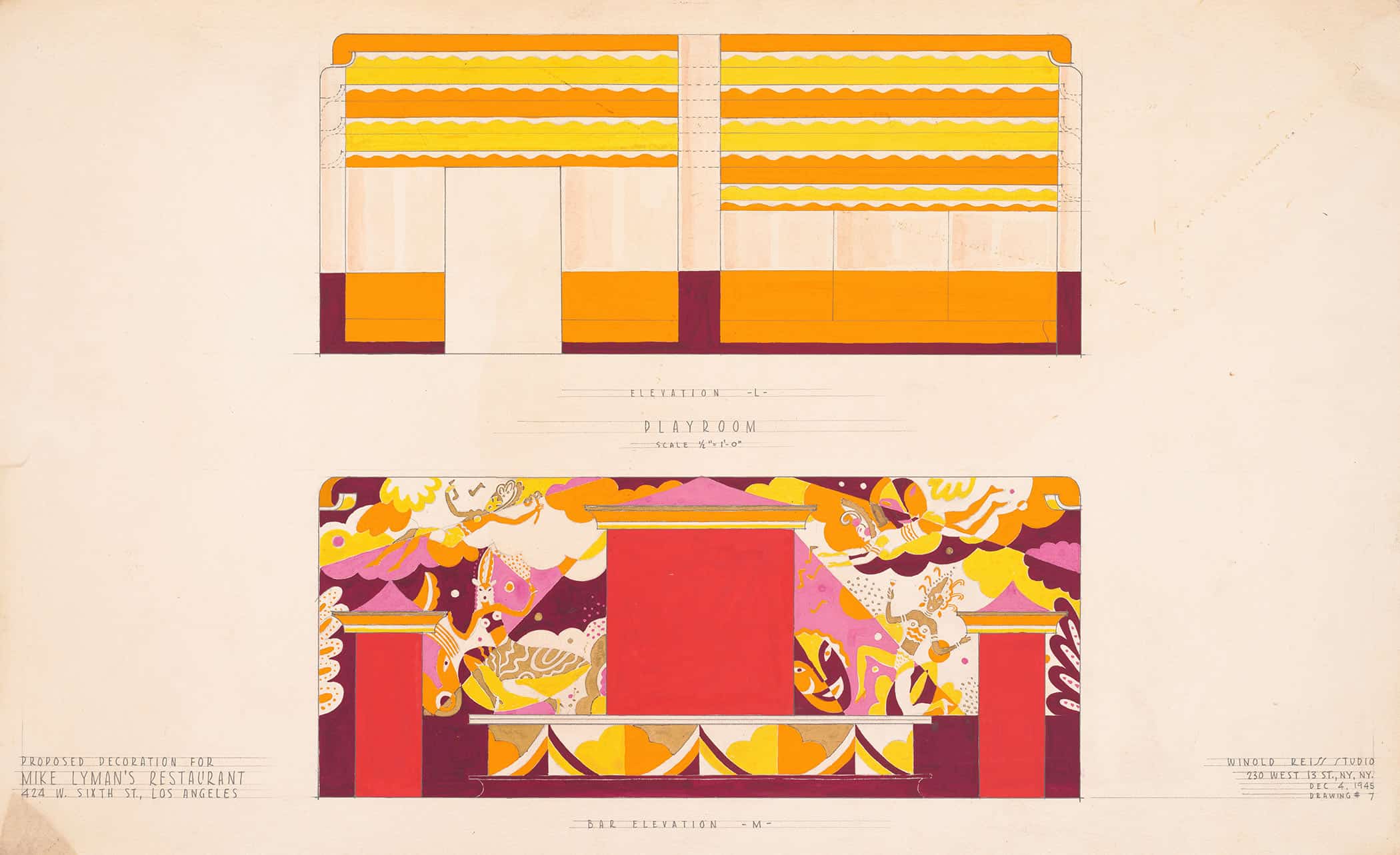 Drawings For Proposed Decorations Of Mike Lymans Restaurant W Sixth St Los Angeles Ca Drawing # Playroom Elevation L And Bar Elevation M by Winold Reiss