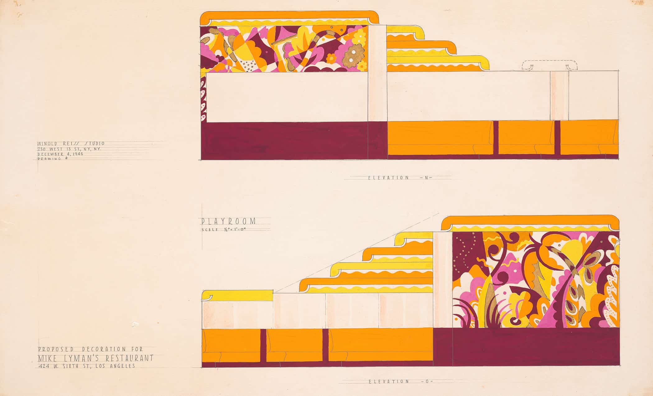 Drawings For Proposed Decorations Of Mike Lymans Restaurant W Sixth St Los Angeles Ca Drawing # Playroom Elevation N And O by Winold Reiss