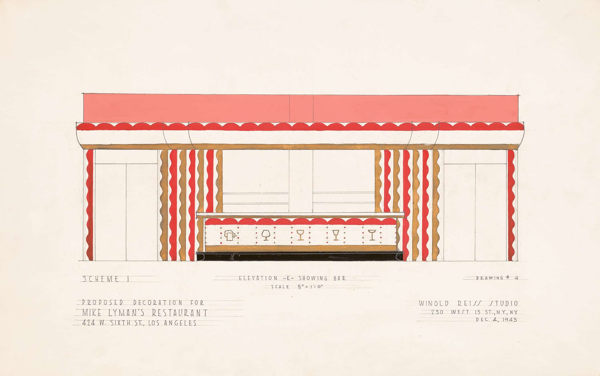 Drawings For Proposed Decorations Of Mike Lymans Restaurant W Sixth St Los Angeles Ca Scheme Elevation K Showing Bar by Winold Reiss
