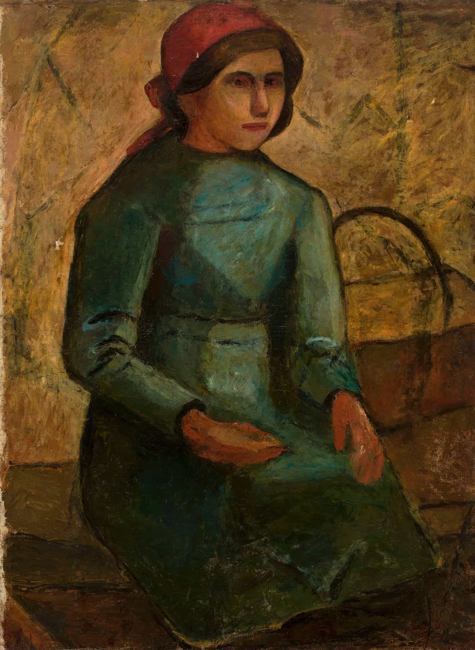 Dziewczyna W Zielonej Sukni Z Koszykiem by Tadeusz Makowski