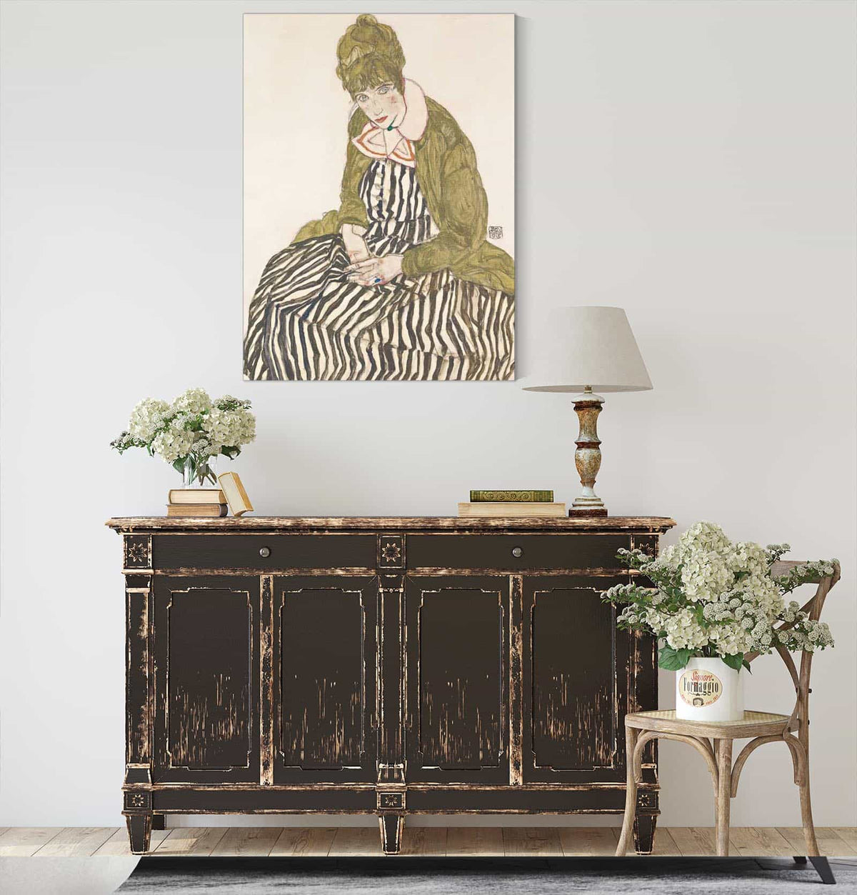 Edith With Striped Dress Sitting by Egon Schiele