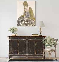 Edith With Striped Dress Sitting by Egon Schiele